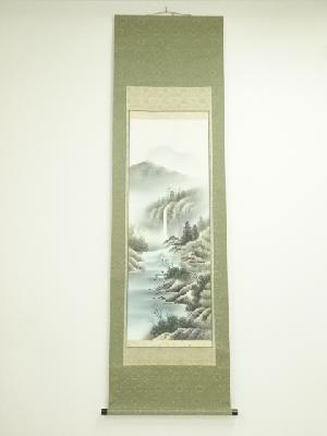 倉島映岳筆　彩色山水　肉筆絹本掛軸（共箱）